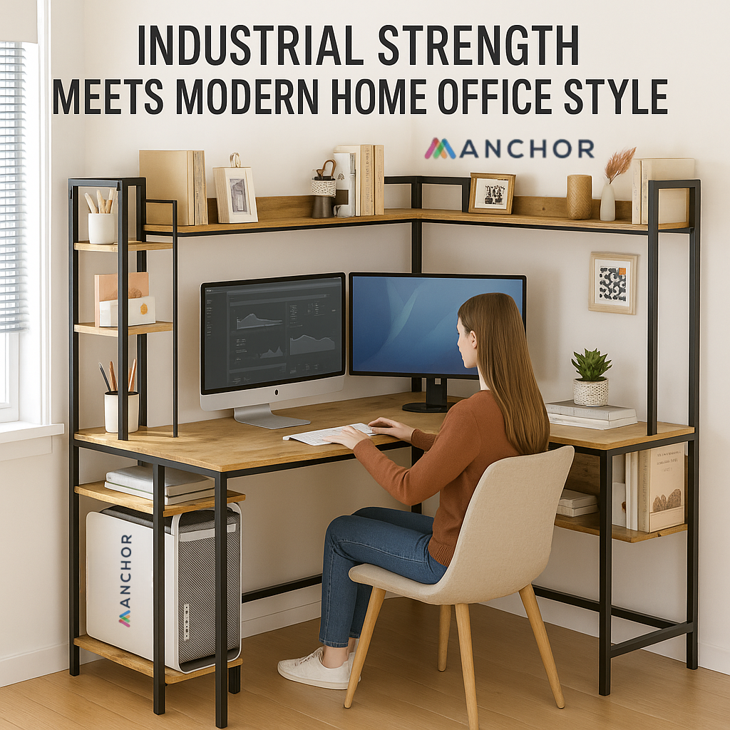 Anchor L Shaped Wood Corner Desk with Shelves 150cm for Home