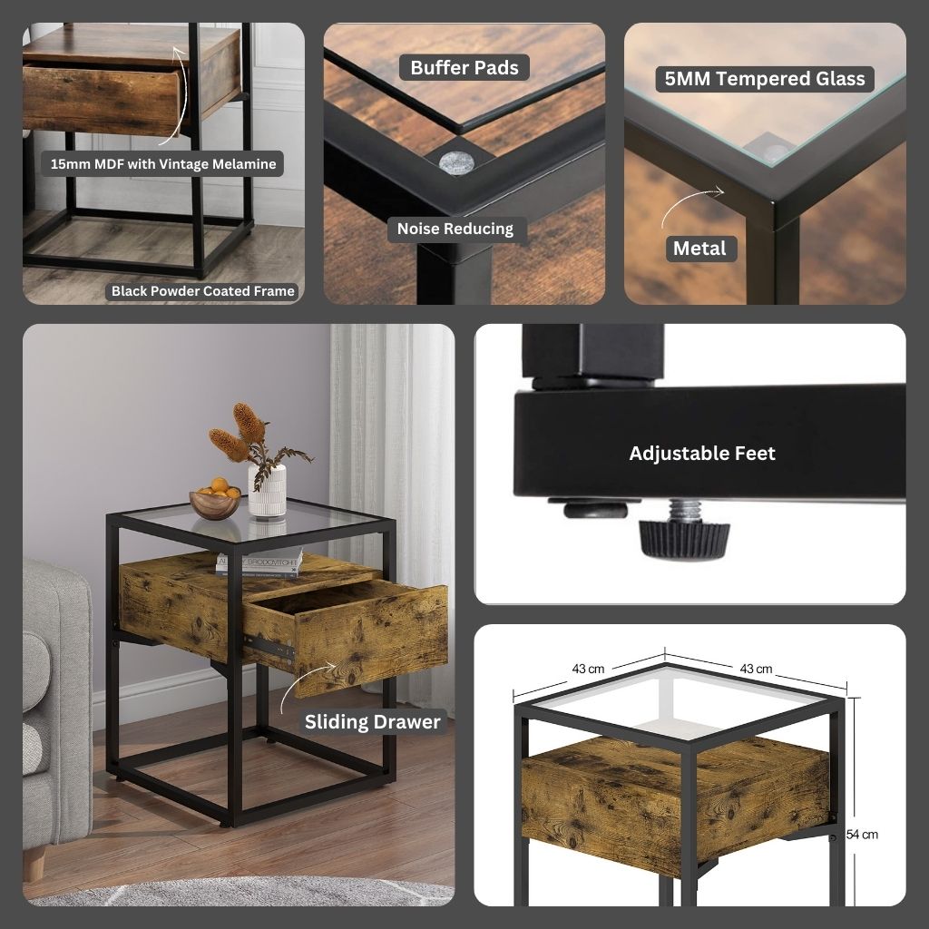 Anchor Glass Bedside Nightstand End Side Coffee Table Drawer & Open Shelve Greenlane Gear