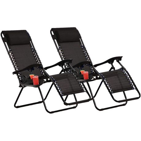 2x Sun Zero Gravity Lounger Reclining Folding Chairs 2 Cup & Cell Holders