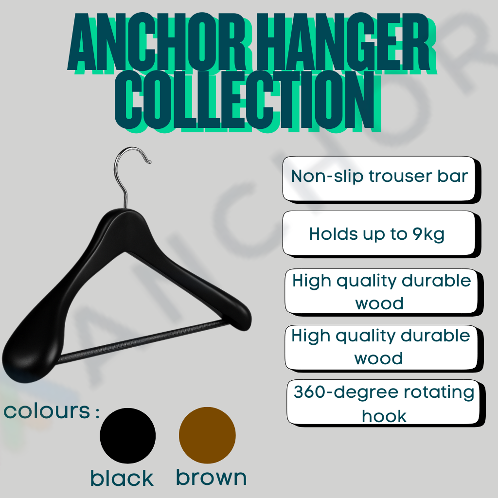 Anchor Broad Wide Shoulder Suit Coat & Jacket Wooden Hanger - Black