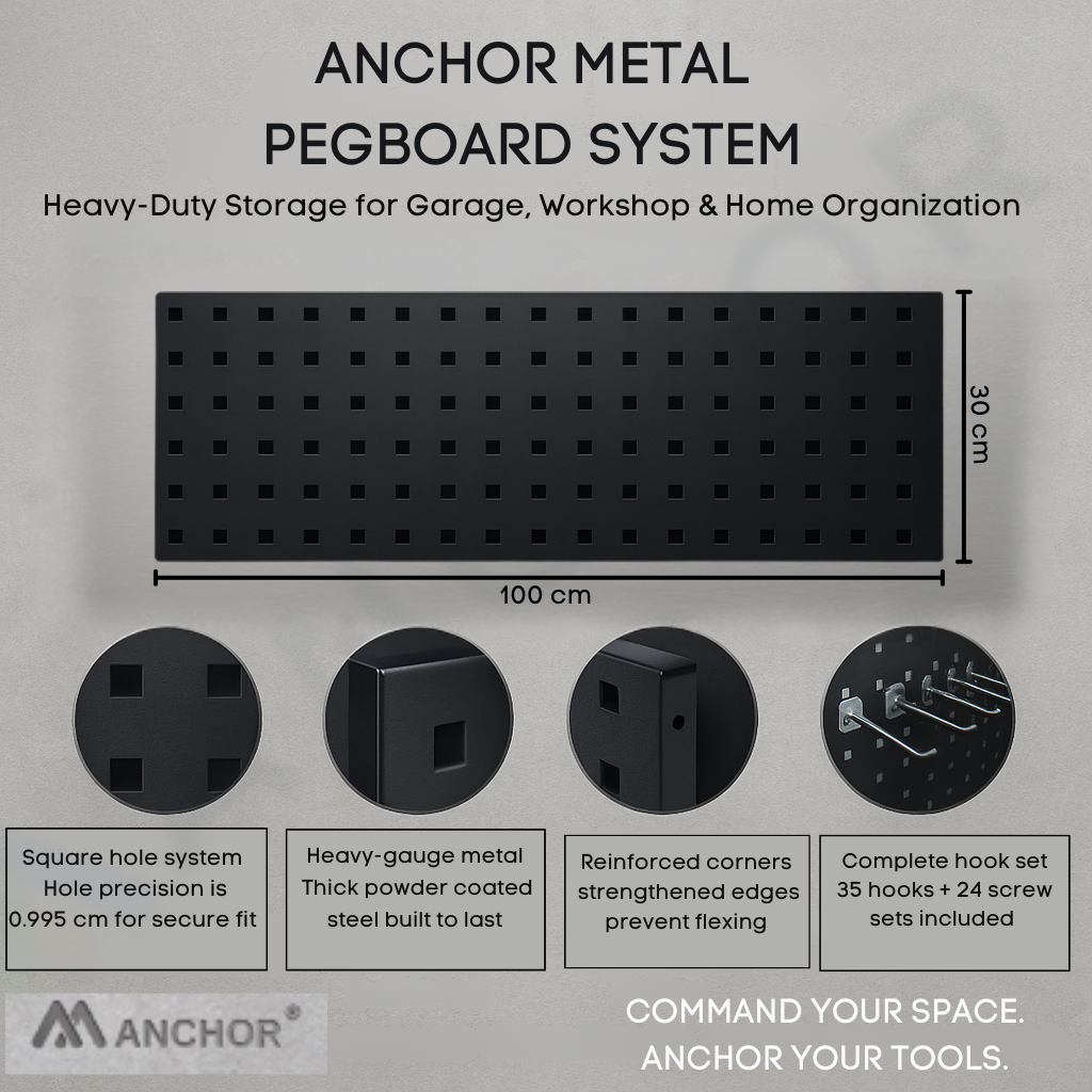 Anchor 3-Piece Metal Pegboard 100x30cm | 35 Hooks | Wall Tool Storage