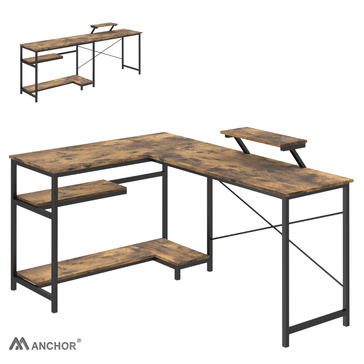Anchor L-Shaped Vintage Interchangeable Desk 158x110cm | Monitor Shelf Greenlane Gear