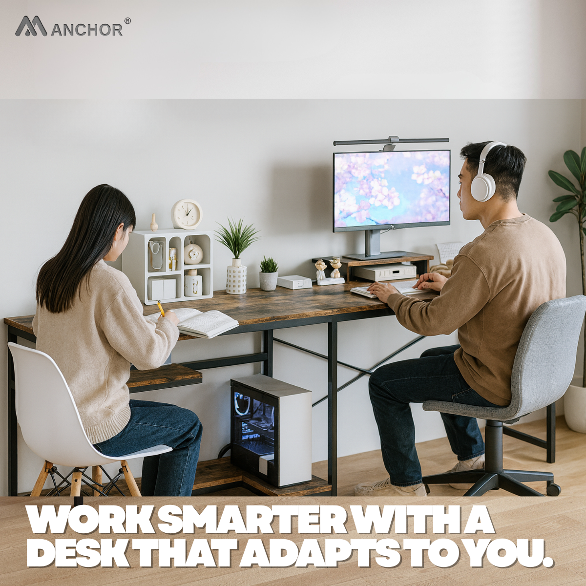 Anchor L-Shaped Vintage Interchangeable Desk 158x110cm | Monitor Shelf Greenlane Gear