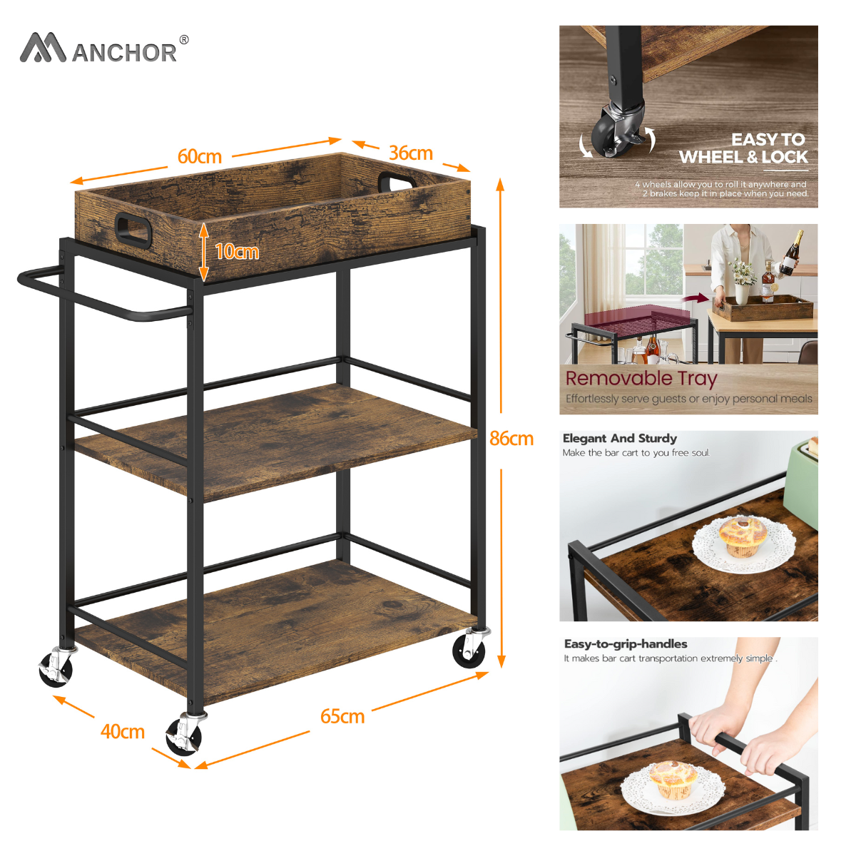 Anchor Vintage Kitchen Serving Trolley with Removable Tray & Storage Cart Greenlane Gear