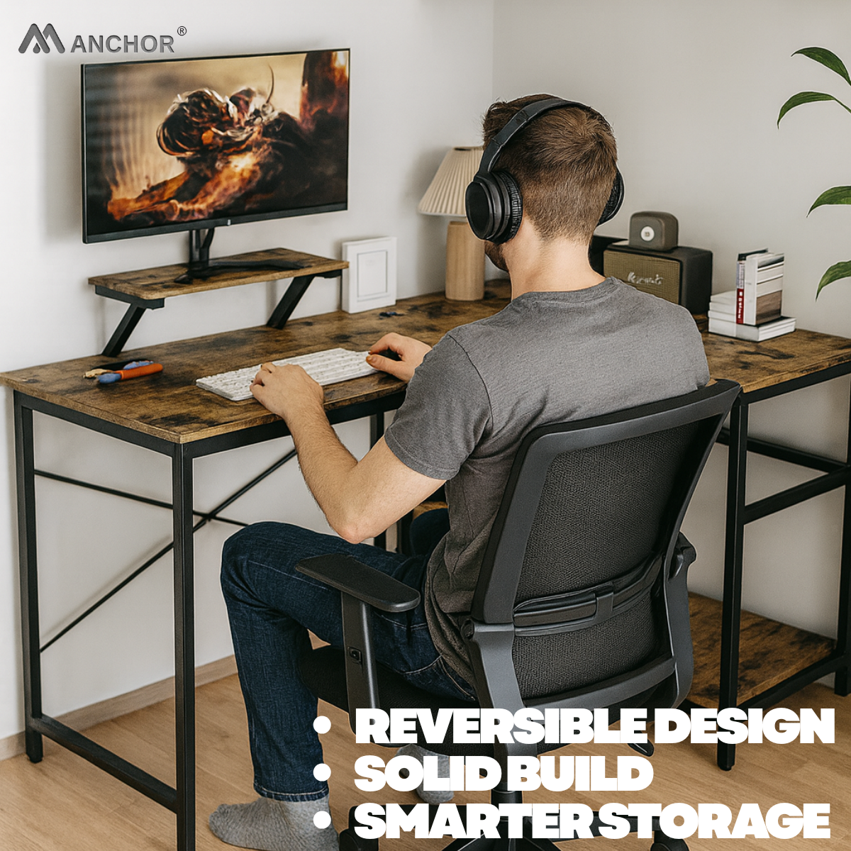 Anchor L-Shaped Vintage Interchangeable Desk 158x110cm | Monitor Shelf Greenlane Gear