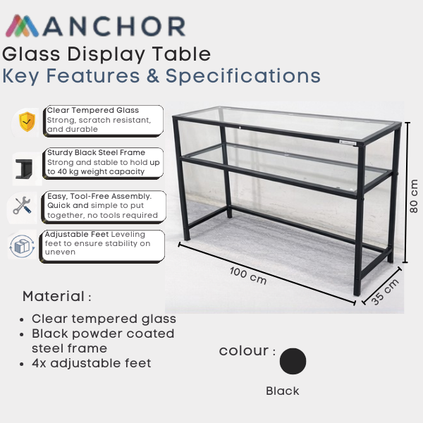 Anchor Glass Black Steel Frame Tempered Shelves Hall Table 100x35x80cm Greenlane Gear