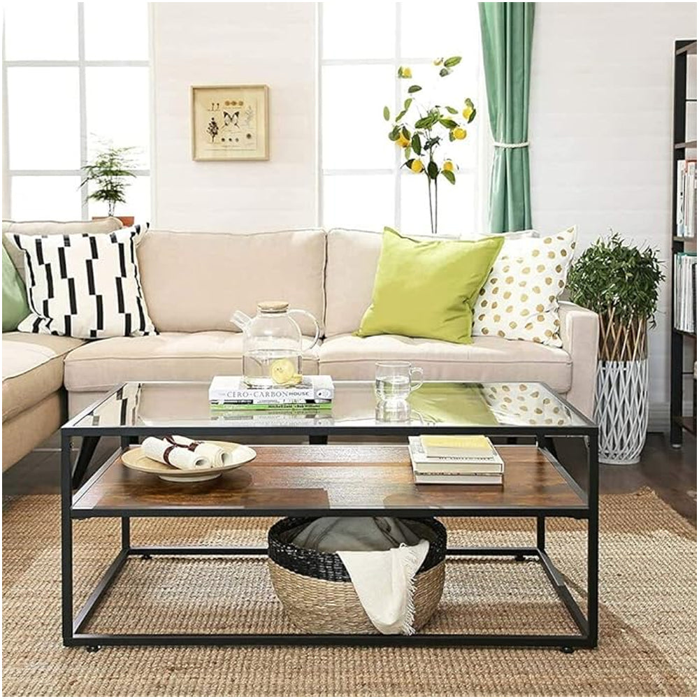 Anchor Home Office Coffee Table with Glass Table Top & Shelve; Rustic Brown Greenlane Gear