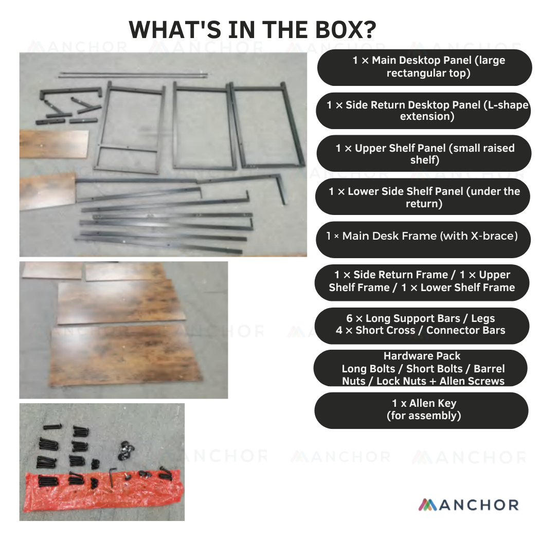 Anchor L-Shaped Vintage Interchangeable Desk 158x110cm | Monitor Shelf Greenlane Gear