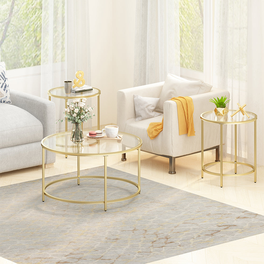 Anchor Large 84cm Round Centre Coffee Table & 2 Side End  Glass Tabletops Greenlane Gear