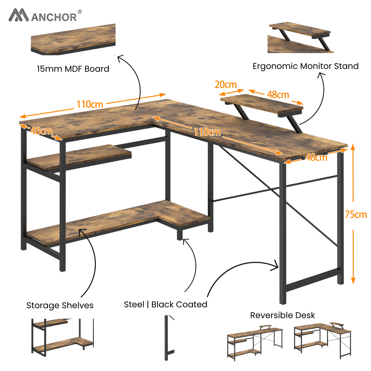 Anchor L-Shaped Vintage Interchangeable Desk 158x110cm | Monitor Shelf Greenlane Gear