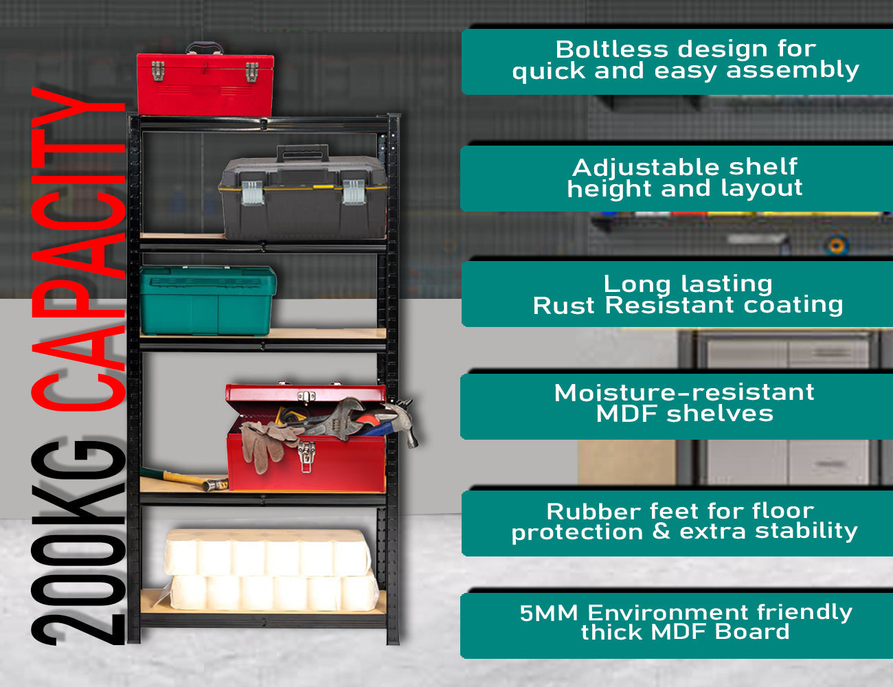 Anchor Racking 2x 5 Tier Shelving 150x75x30 200Kg Anti Rust MDF + Hammer Greenlane Gear
