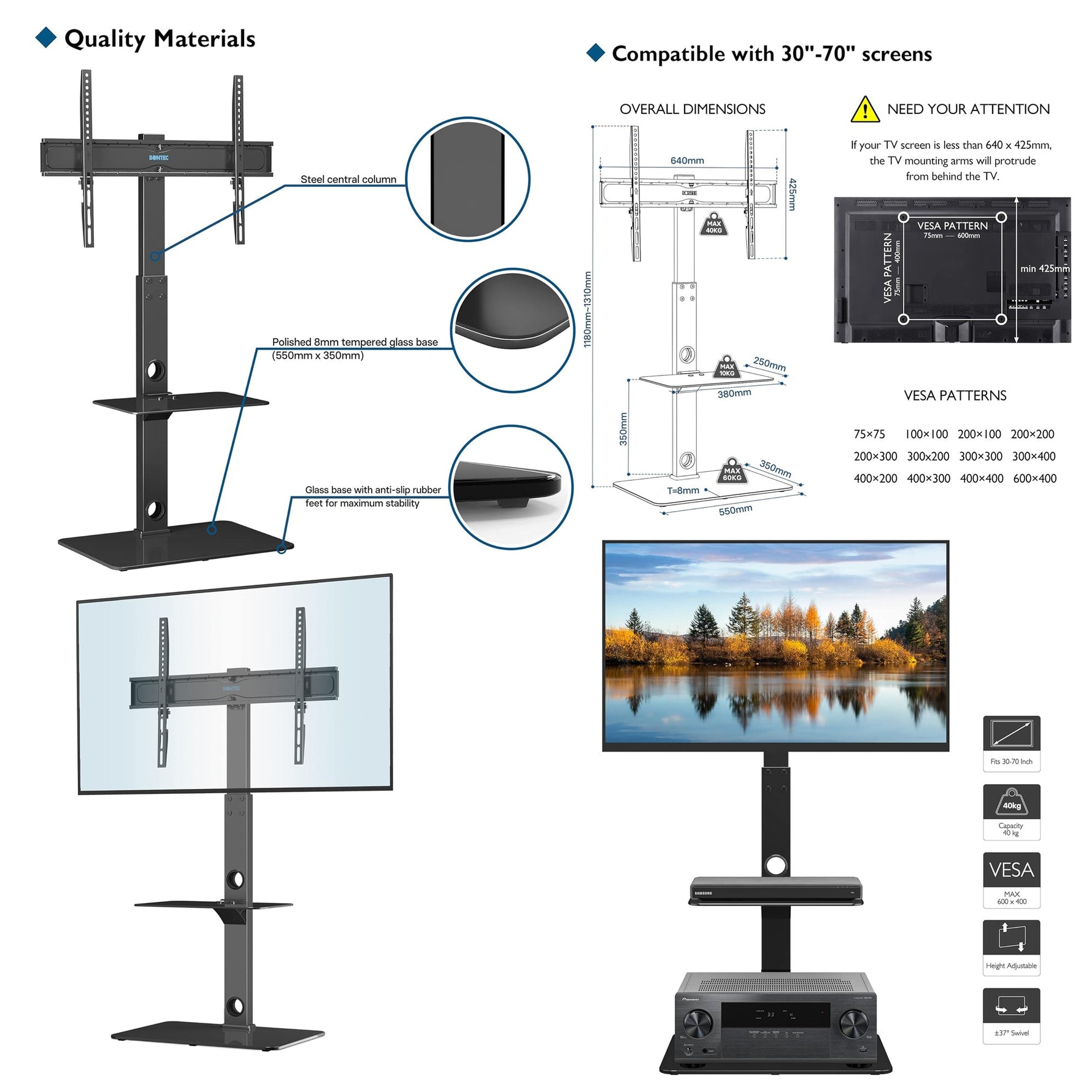 Bontec 2 Tier Universal Floor TV Stand 30-70" Tempered Glass Vesa 600x400mm Greenlane Gear