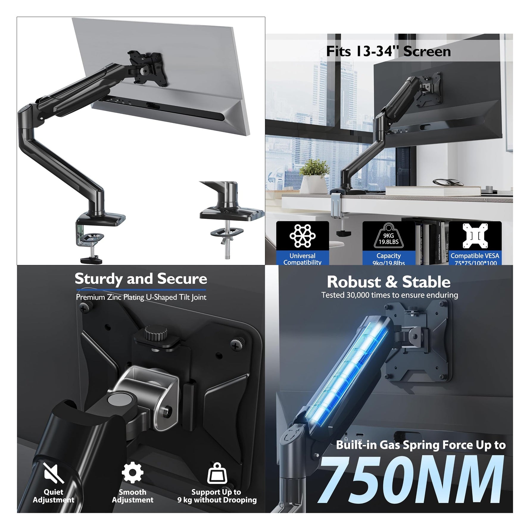 MonTEK Premium Aluminum Monitor Arm For 17–57” Ultrawide Screens Up To 59 Lbs, USB 3.0 Single Desk Mount With Adjustable Gas Spr