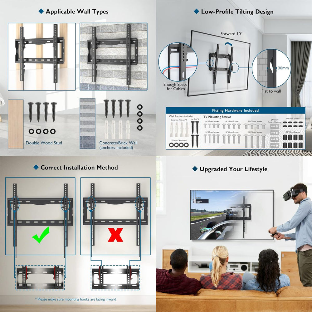 Bontec 26-65" TV Tilt Slim Wall Mount Bracket 55kg with Level & Cable Ties Greenlane Gear