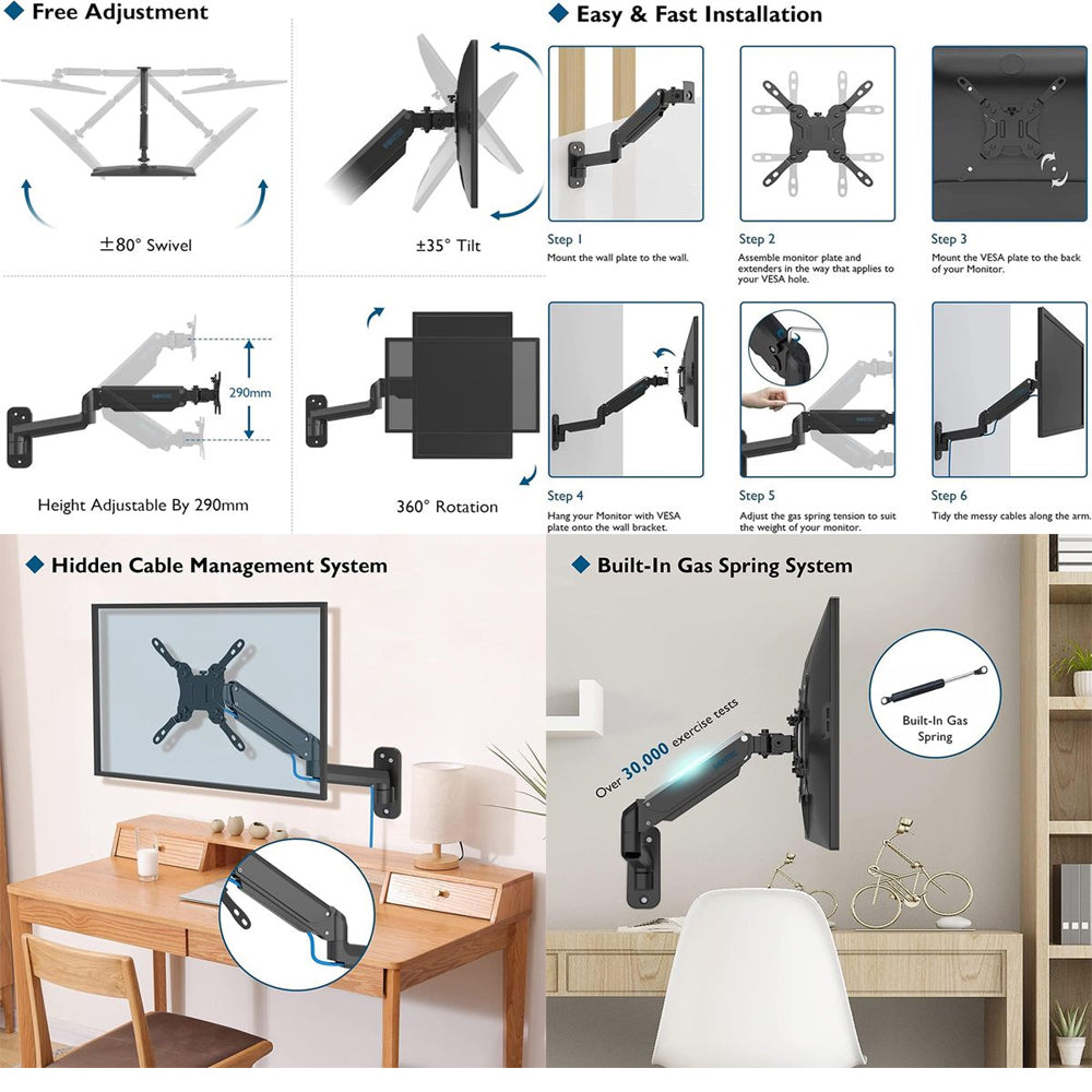 Bontec Monitor Screen Wall Mounted Bracket 42" Gas Spring 8kg Tilt Swivel Greenlane Gear