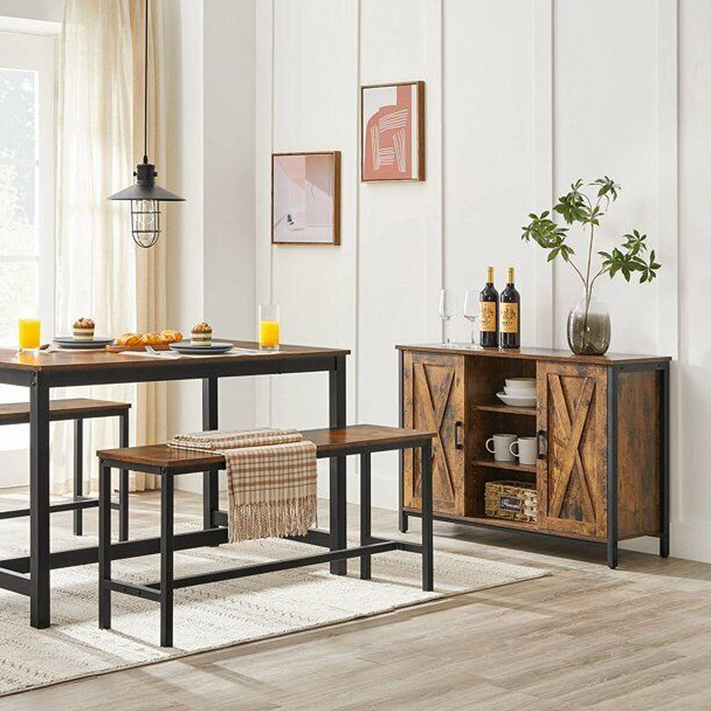 Anchor Rustic Brown Indoor Dinner Dining Table & 2 Benches Black Metal Leg Greenlane Gear