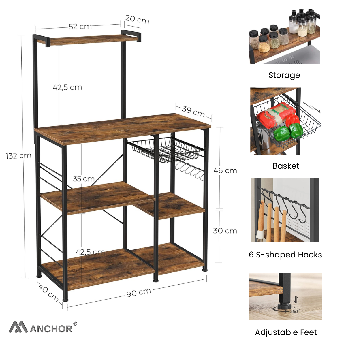 Anchor Home Vintage Kitchen Storage Bakers Rack with Shelves & Basket Greenlane Gear