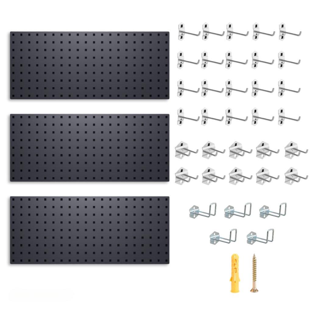 Anchor 3-Piece Metal Pegboard 100x30cm | 35 Hooks | Wall Tool Storage