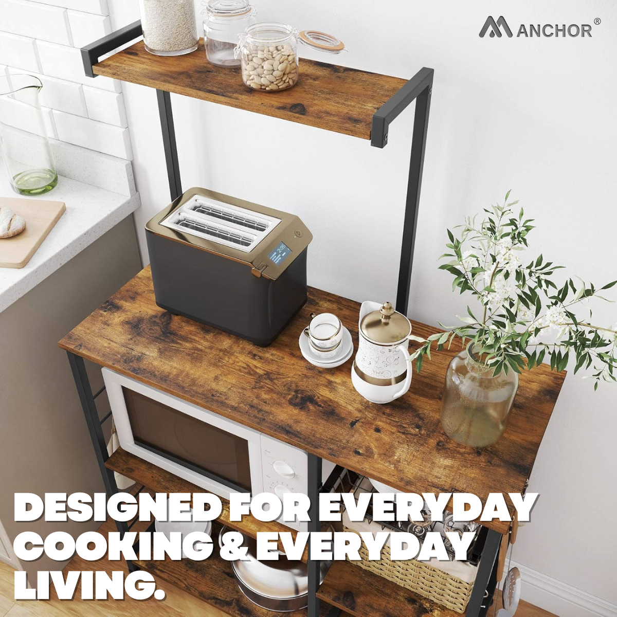 Anchor Home Vintage Kitchen Storage Bakers Rack with Shelves & Basket Greenlane Gear