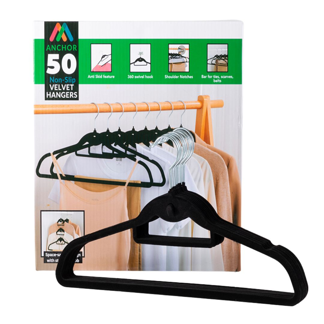 ZZFD-Anchor 50-Pack Velvet Non-Slip Hangers Black | Space-Saving | 360 Hook