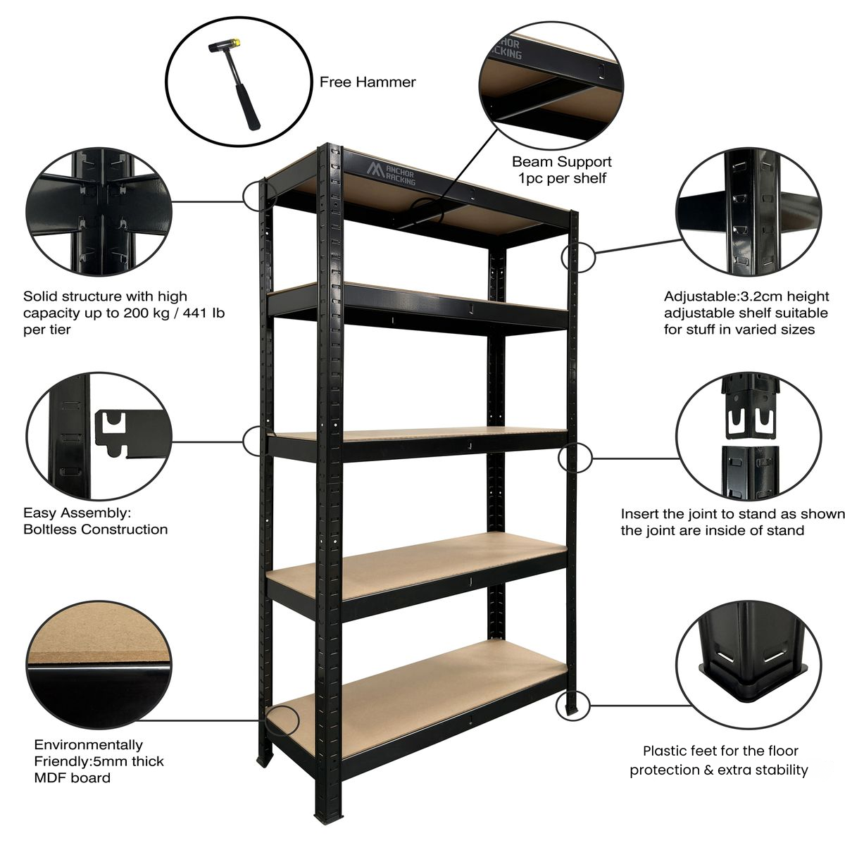 Anchor Racking 2x 5 Tier Shelving 150x75x30 200Kg Anti Rust MDF + Hammer Greenlane Gear