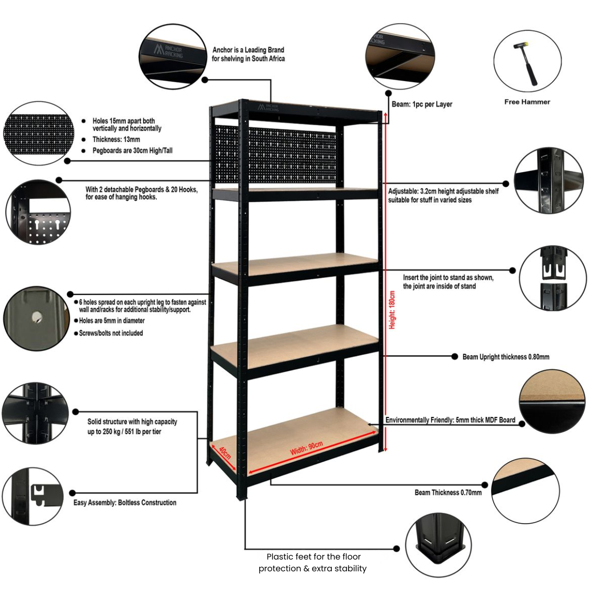 Anchor Racking 2x5 Tier Shelving 180x90x40cm 250Kg Shelf Pegboard & Hammer Greenlane Gear
