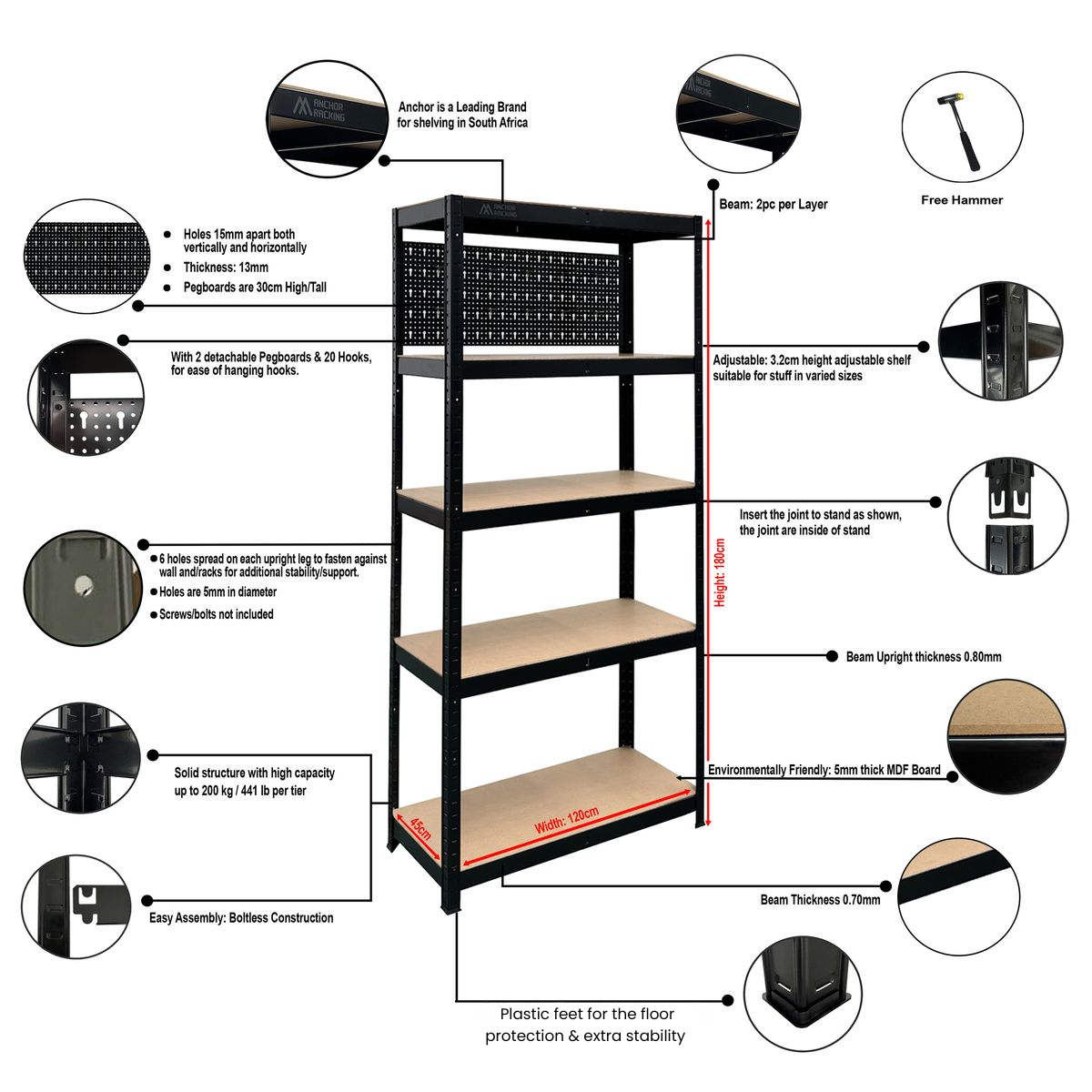 Anchor Racking 5 Tier Shelving 180x120x45cm 200Kg Shelf Pegboard & Hammer Greenlane Gear