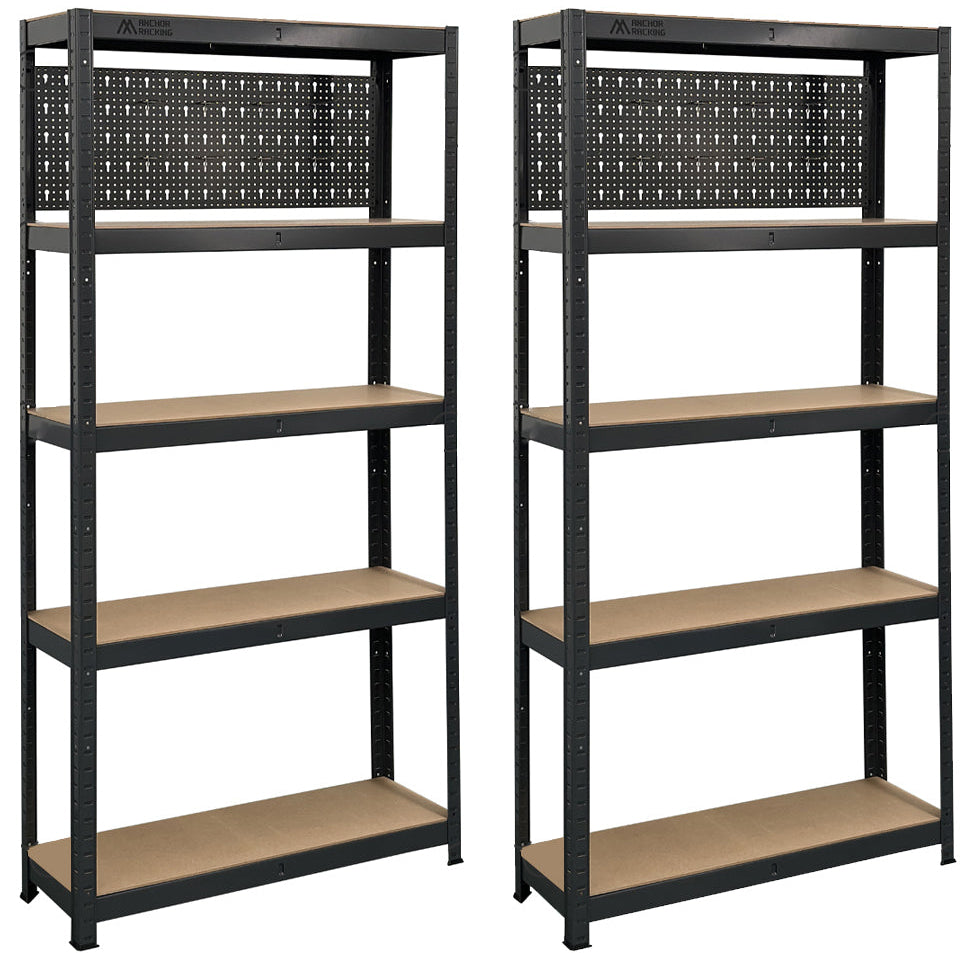 Two black metal shelving units with wooden shelves on a white background.