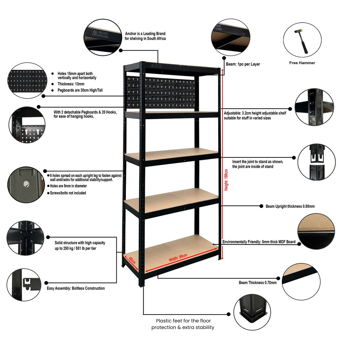 Anchor Racking 2x5 Tier Shelving 180x90x40cm 250Kg Shelf Pegboard & Hammer Greenlane Gear