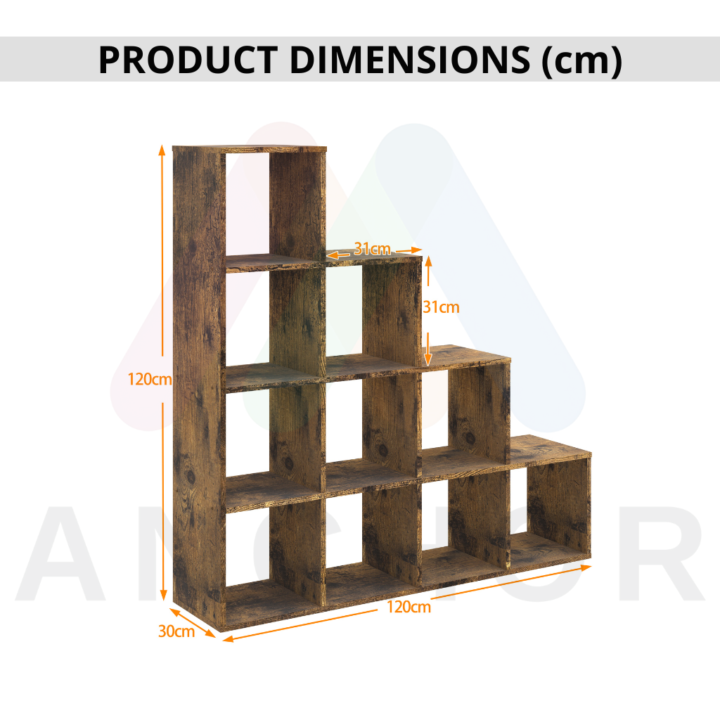 Anchor 10-Cube Multi-Level Storage Shelf with Vintage Wood Finish – 120×30×120 cm Greenlane Gear