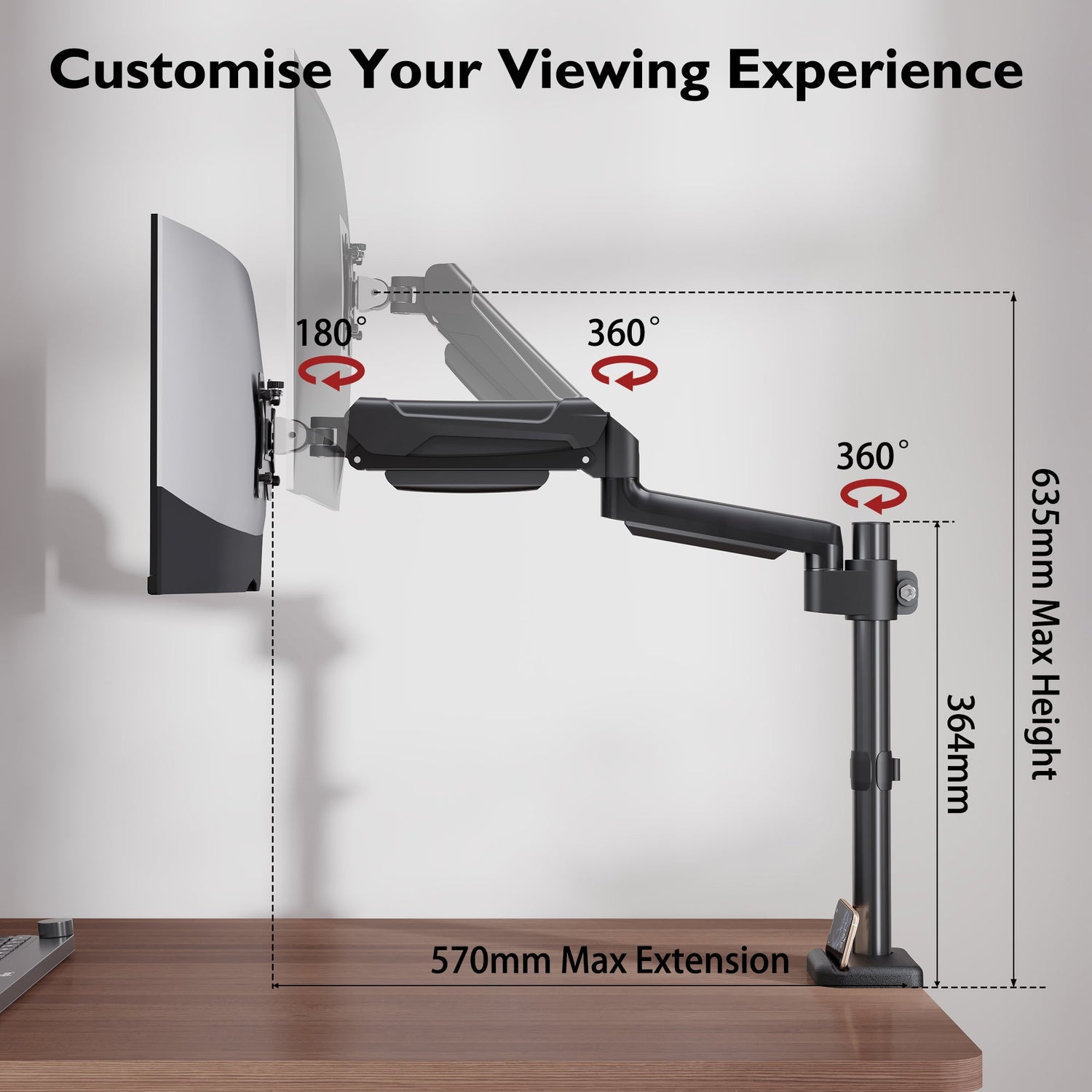 Bontec Single Monitor Mount 34" Gas Spring Arm Pole Stand Max Height 635mm Greenlane Gear