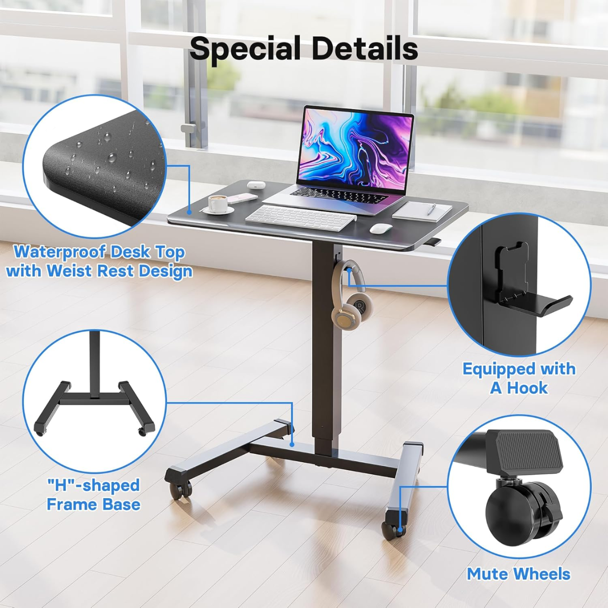 BONTEC Mobile Standing Laptop Desk Height Adjustable Wheels Rolling Table Greenlane Gear