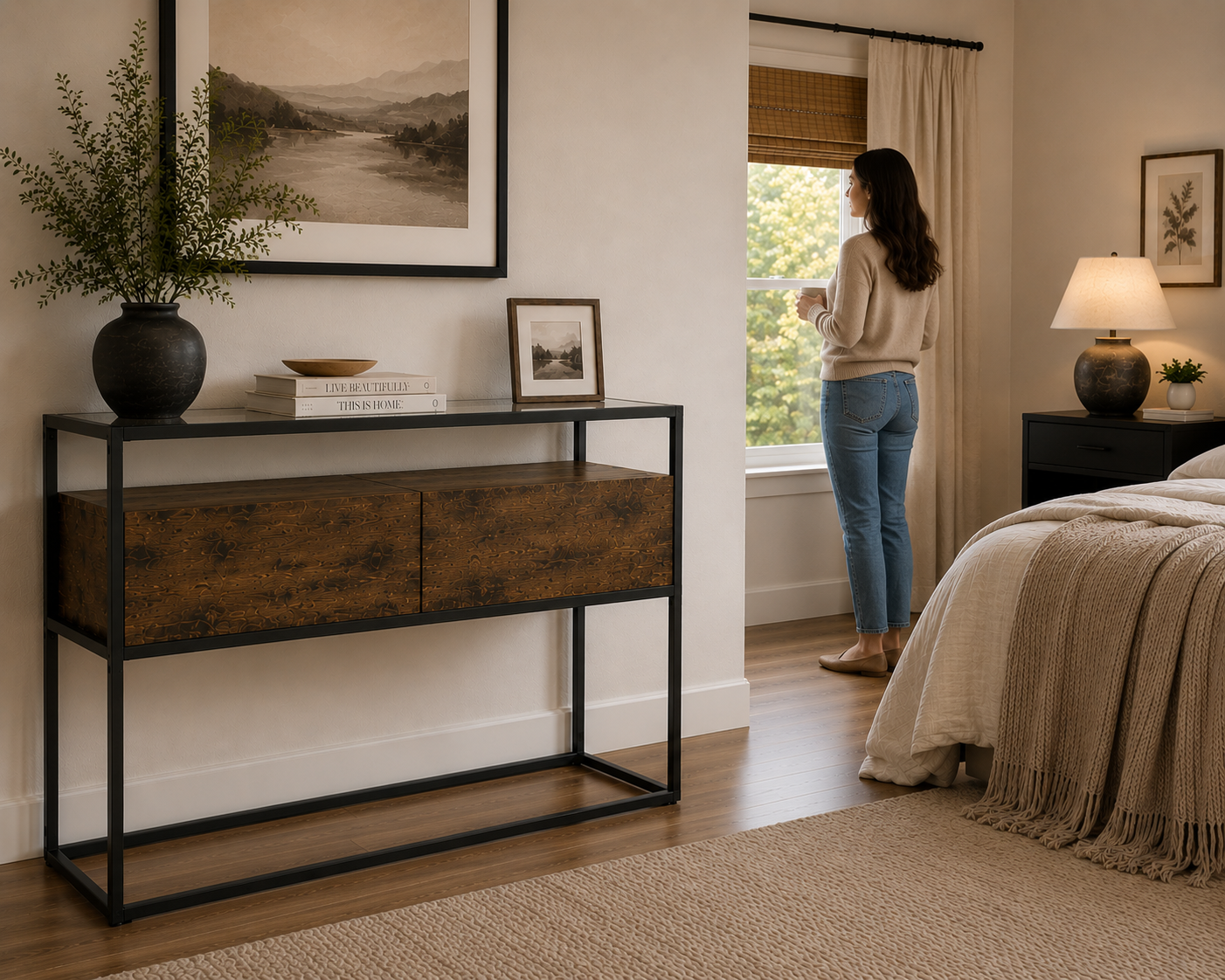 Anchor Entrance Entry Hall Way Console Glass Table Storage 2 Wooden Drawers