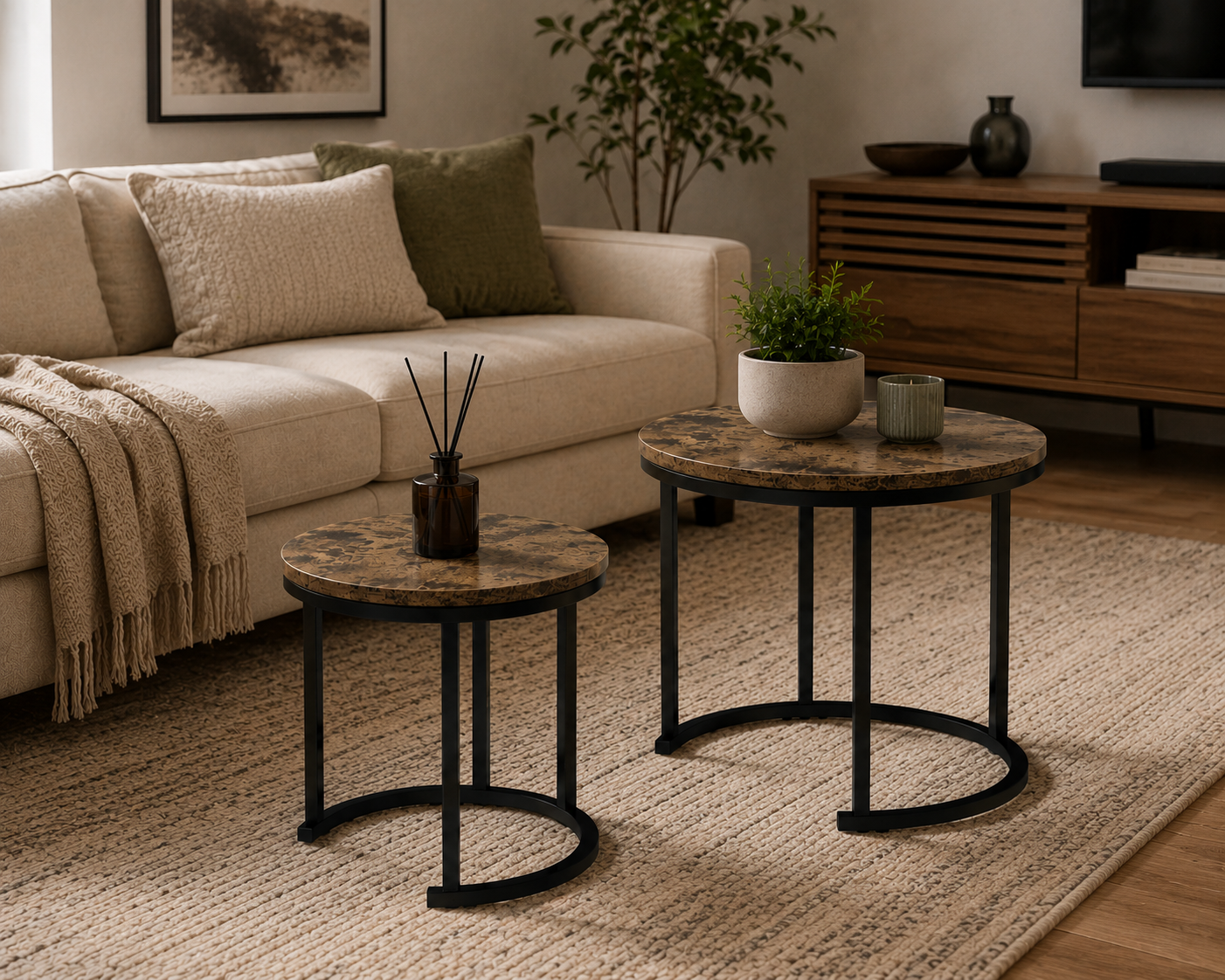 Anchor 2-Piece Round Nesting Side Tables | Vintage Top | Black Steel Frame