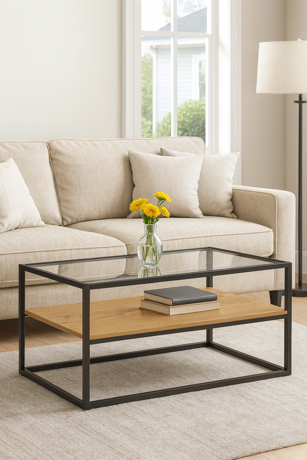 Anchor Home Office Coffee Table with Glass Table Top & Shelve Natural Brown Greenlane Gear