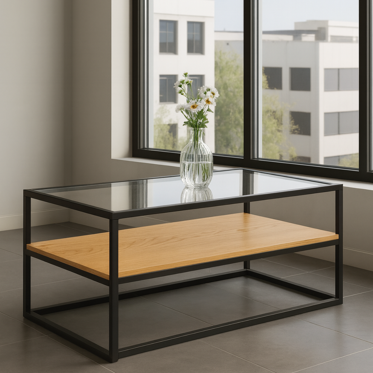 Anchor Home Office Coffee Table with Glass Table Top & Shelve Natural Brown Greenlane Gear