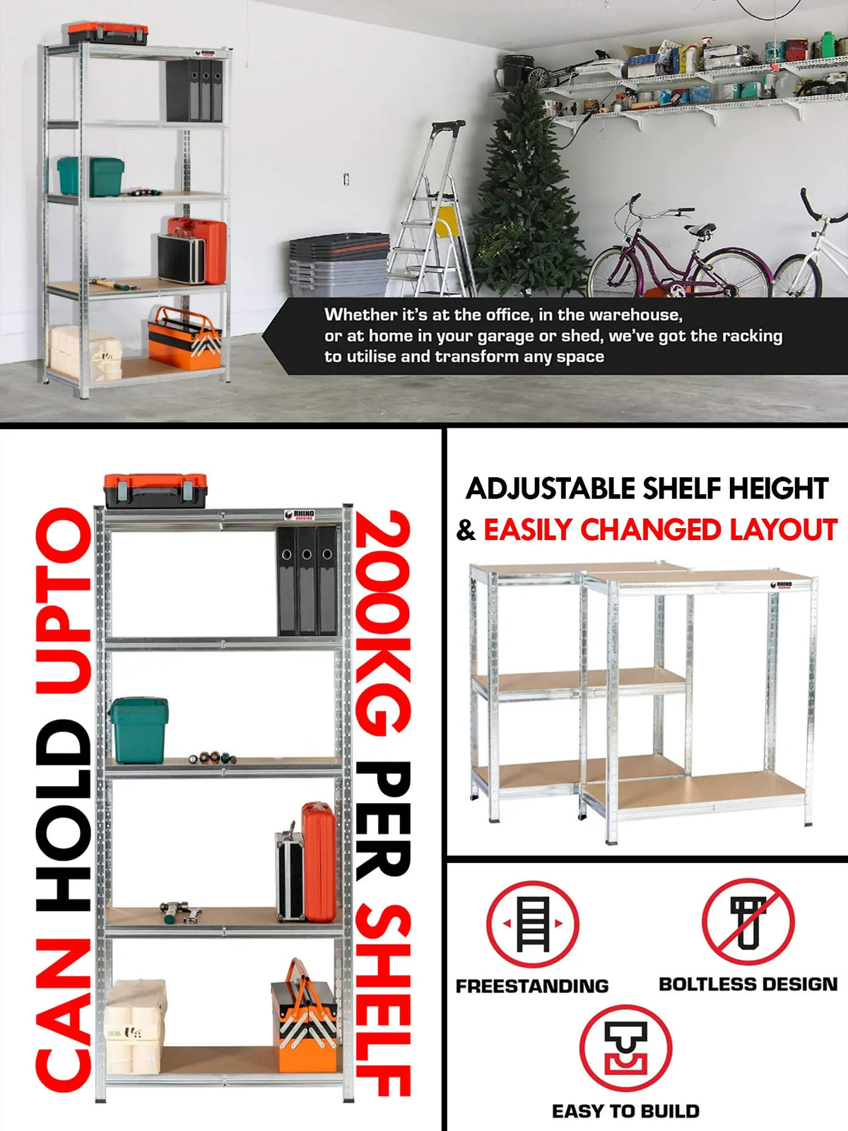 Rhino Racking 150x75x30cm 5 Tier Boltless Storage Steel &MDF Shelving 200Kg Greenlane Gear