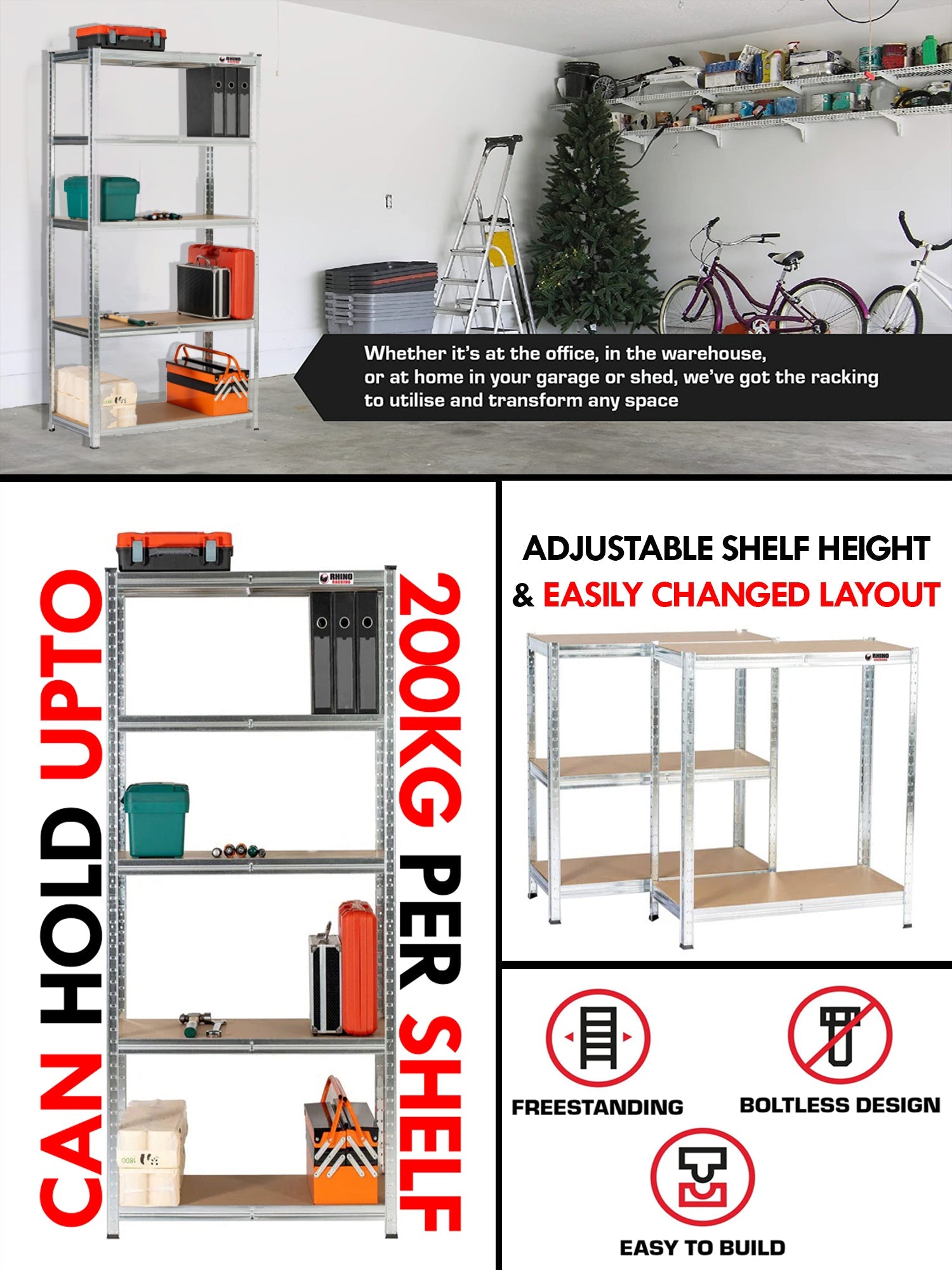 Rhino Racking 180x90x45cm 5 Tier Boltless Storage Steel &MDF Shelving ...