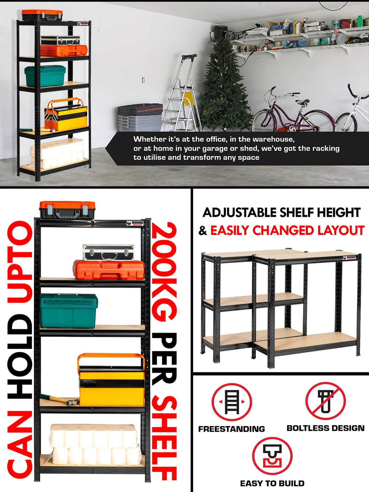 Rhino Racking 180x90x45cm 5 Tier Storage Shelving 200Kg Galvanised Painted Greenlane Gear
