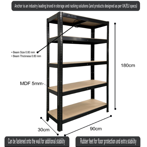 Anchor 2x 5-Tier Steel Racking 180×90×30cm |250kg/Shelf | Boltless + Hammer