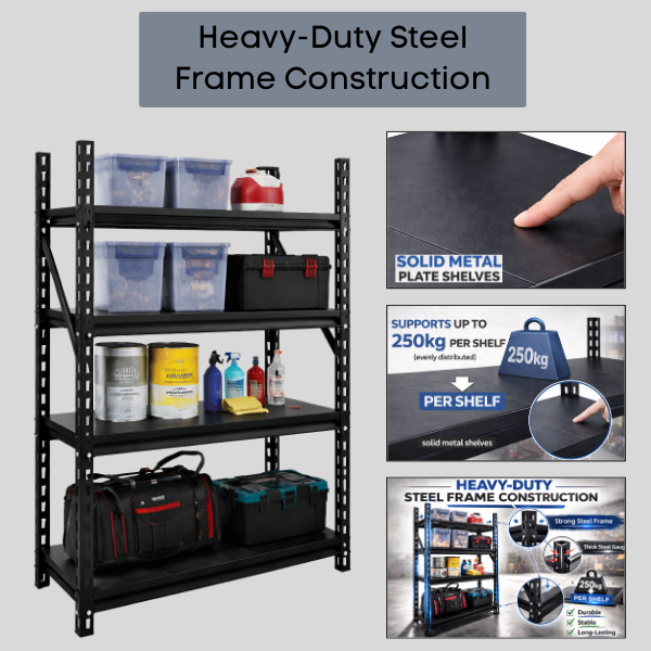 Anchor 4 Tier Metal Plate Shelving Unit Black 250kg per Shelf 120x45x183