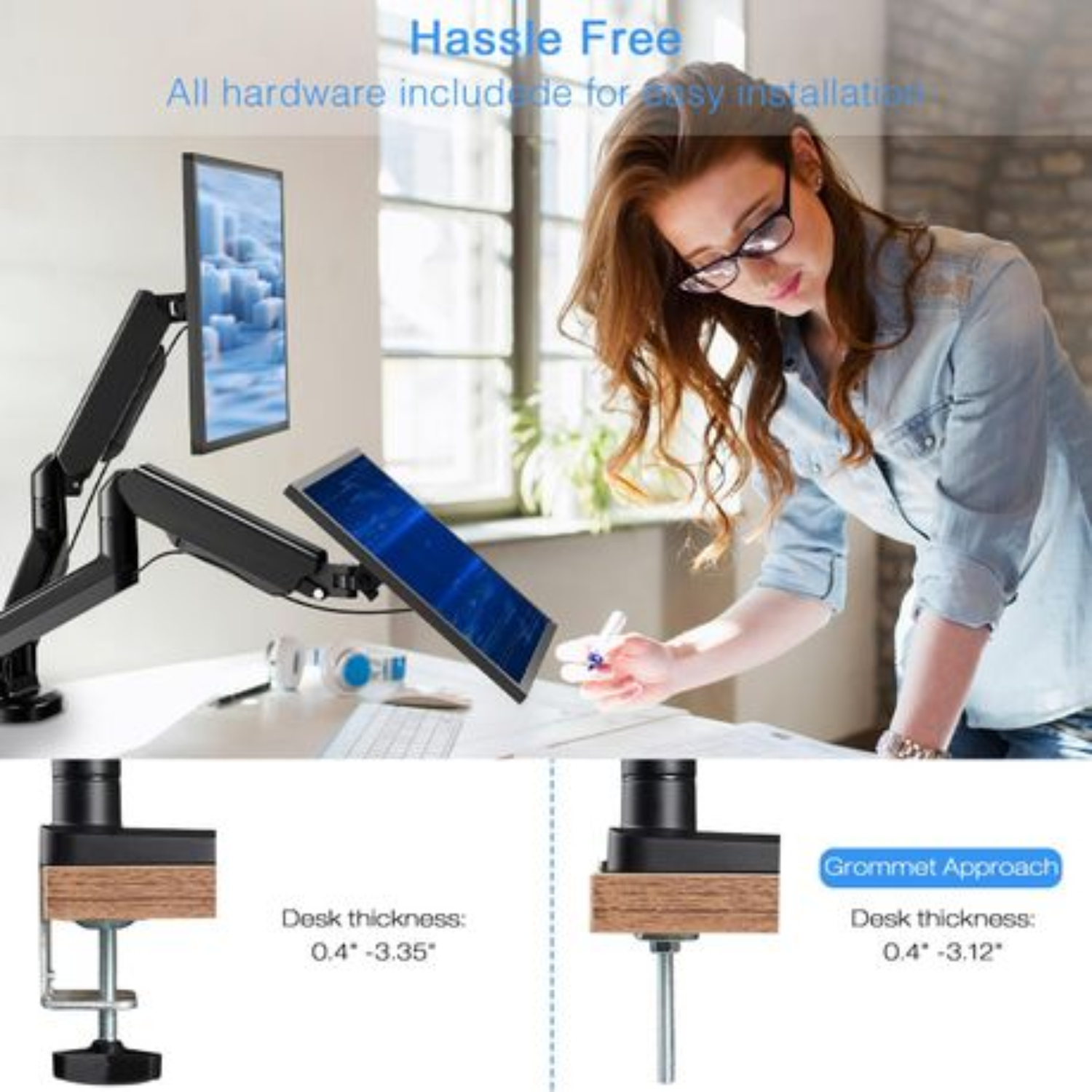 Anchor Dual 27" Monitor Arm Desk Mount Gas lift; Rotation Tilt & Adjustable