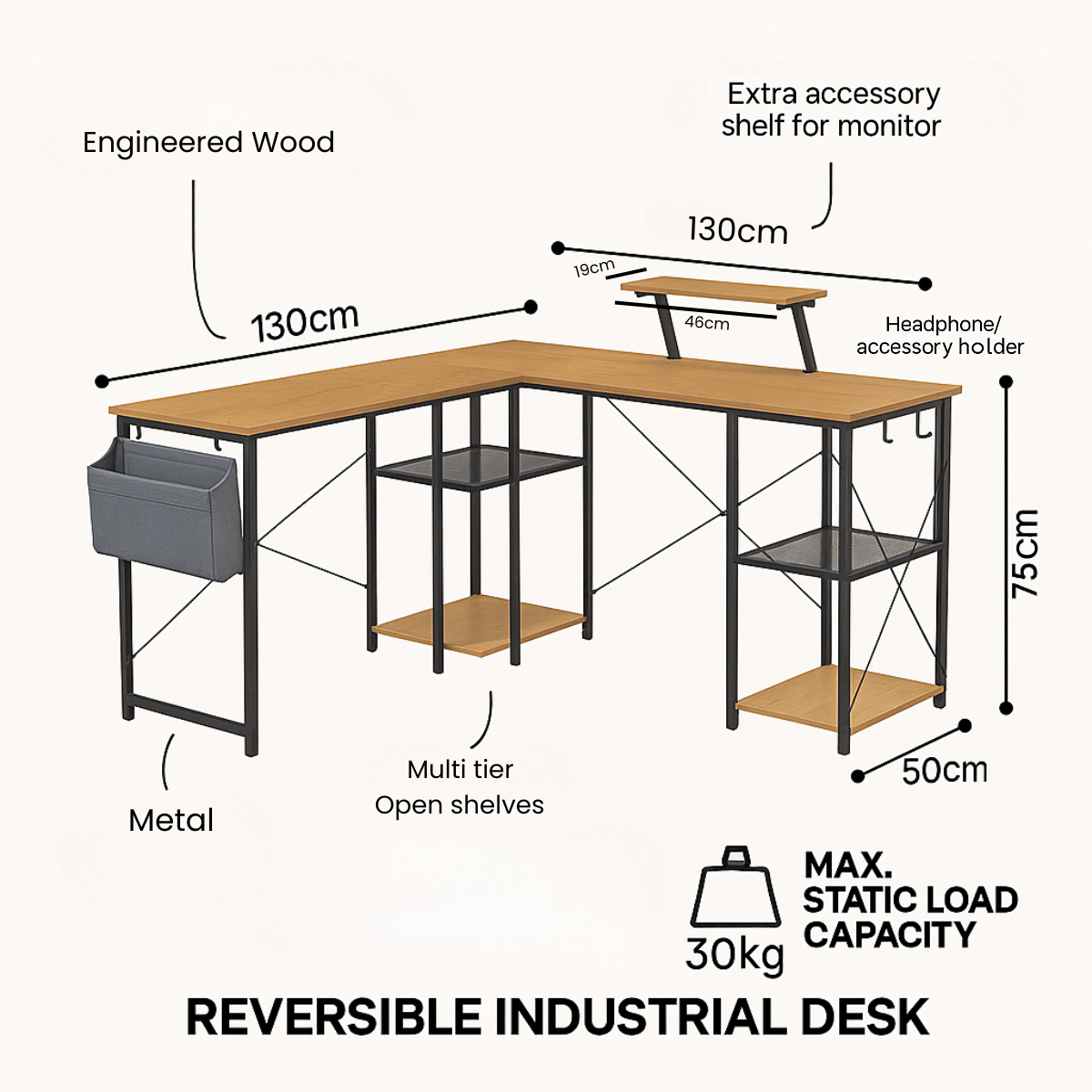 Anchor L-Shaped Table Office Desk for Study Home with Shelves Greenlane Gear