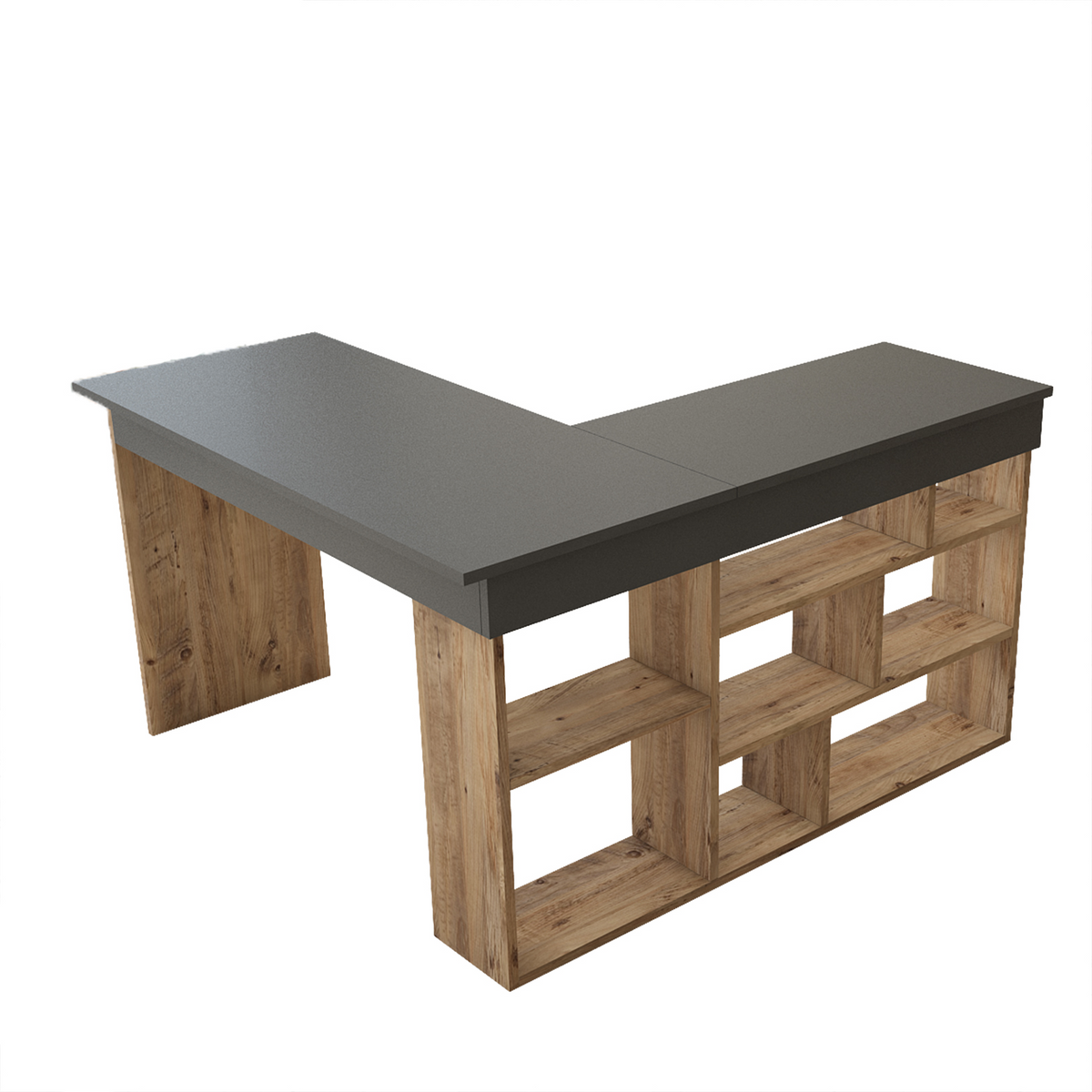 ZZFD-L-shaped Desk w/Shelf - Pine&Anthracite