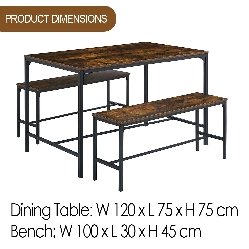 Anchor Rustic Brown Indoor Dinner Dining Table & 2 Benches Black Metal Leg Greenlane Gear