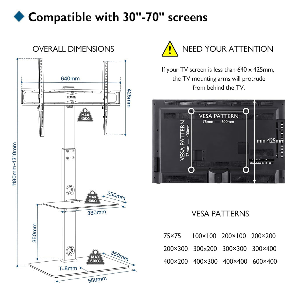 Bontec 2 Tier Universal Floor TV Stand 30-70" Tempered Glass Vesa 600x400mm Greenlane Gear
