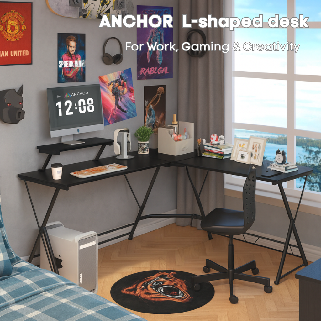 Space Saving Corner Gaming Desk + Home Office Study Workstation with Ergonomic Dual Level Monitor Shelf Greenlane Gear