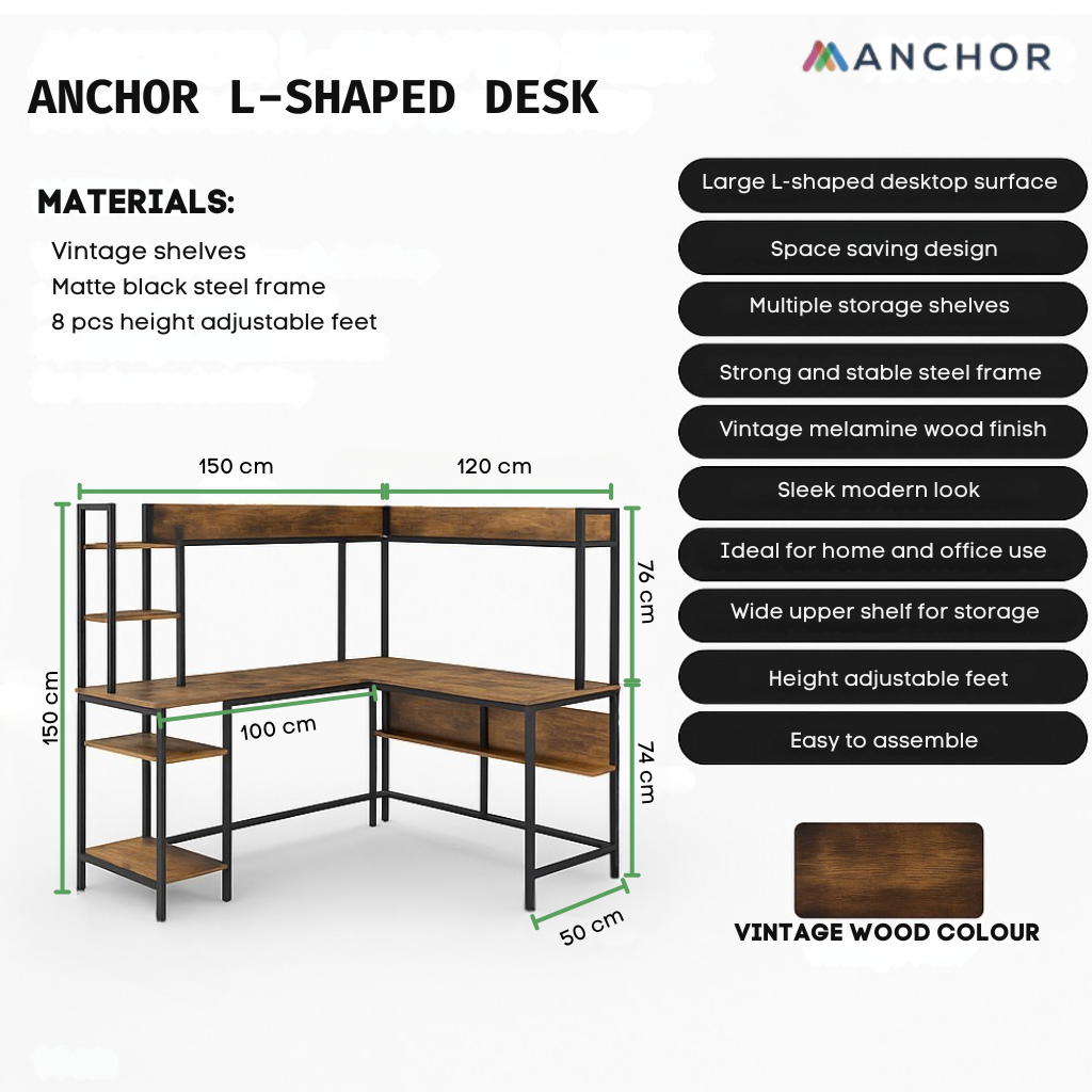 L Shaped Wood Corner Desk with Shelves 150cm for Home Office Workstation Greenlane Gear