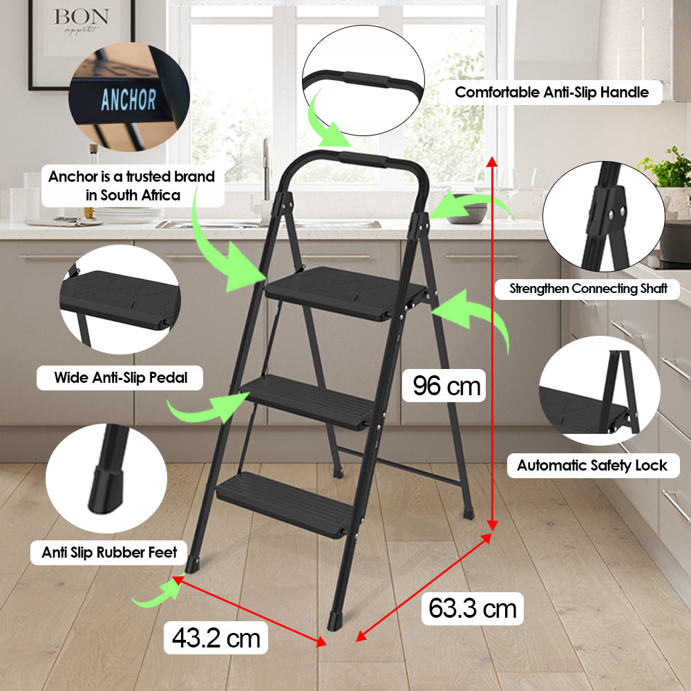 Anchor Lightweight Folding 3 Step Portable Ladder with Wide Anti-Slip Pedal Greenlane Gear