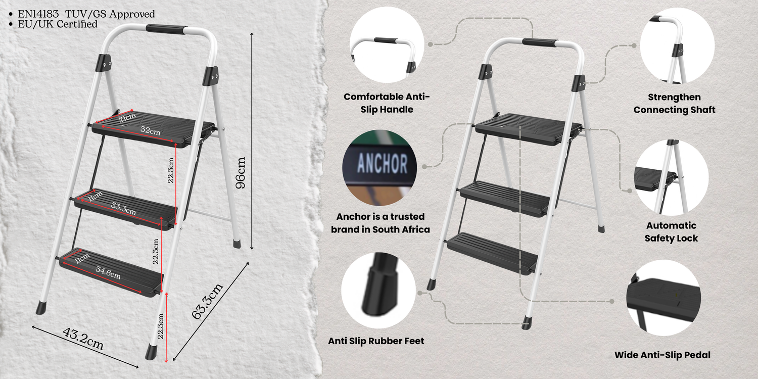 Anchor Lightweight Folding 3 Step Portable Ladder -Wide Anti-Slip Pedal Greenlane Gear
